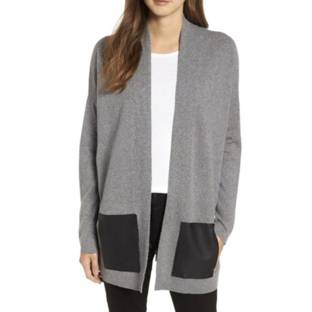 Eileen Fisher Cashmere Cardigan Sweater Medium Grey Black Leather Pockets Luxe